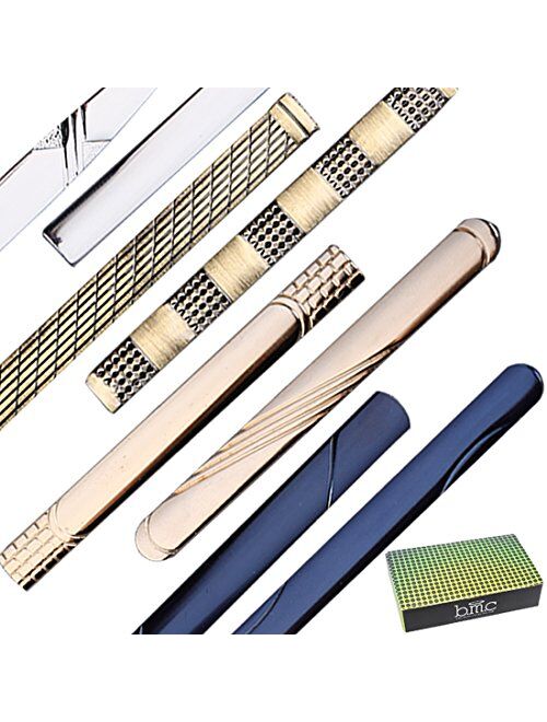 BMC Mens Metal Tie Clip Bar Clasps w/Silver, Gold, Blue, Brass Finishes - Business Professional Fashion Assorted Designs - Dapper Dandy (Set of 8)