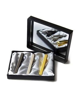 3pc Mens Tie Bar Clip for Regular Necktie, Gold Silver Black with Luxury Gift Box Set with Mirror