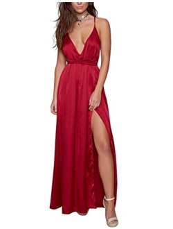 Yimeili Sexy Deep V Neck Backless Thigh High Slit Maxi Cocktail Long Party Dresses(30Color S-XXL)