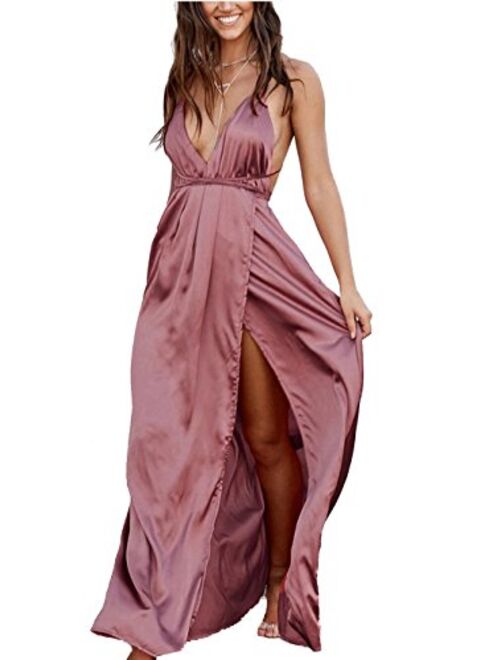 Yimeili Sexy Deep V Neck Backless Thigh High Slit Maxi Cocktail Long Party Dresses(30Color S-XXL)