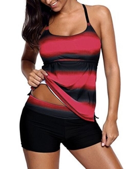 Women's Swimsuits Color Block Tankini Top Boyshort Swimwear