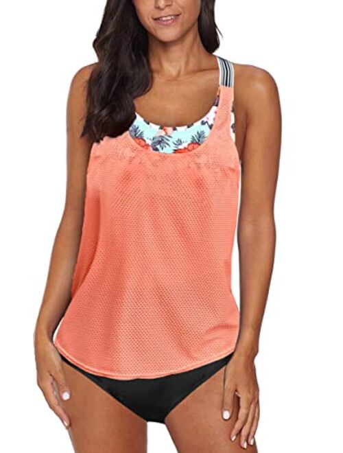 REKITA Women's Swimsuits Color Block Tankini Top Boyshort Swimwear