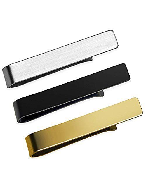 UHIBROS Mens Tie Clip Tie Bar Set for Regular Ties Silver, Black, Blue,Gold Tone Luxury Gift Box Wedding Business Clips