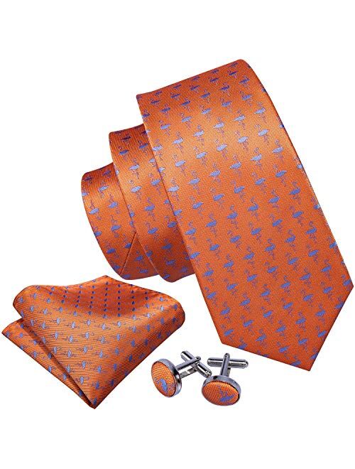 Barry.Wang Fun Animal Ties for Men Designer Handkerchief Cufflink WOVEN Necktie Set