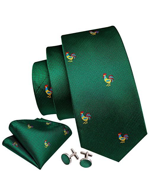 Barry.Wang Fun Animal Ties for Men Designer Handkerchief Cufflink WOVEN Necktie Set