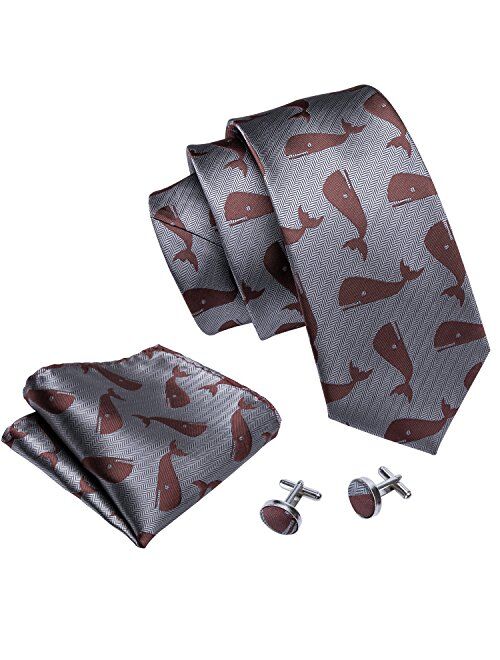 Barry.Wang Fun Animal Ties for Men Designer Handkerchief Cufflink WOVEN Necktie Set