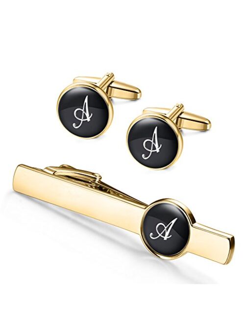 ORAZIO Engraved Tie Clip and Initial Cufflinks for Men Women Alphabet Letter A-W Cufflinks Tie Bar Set for Business Wedding Gold Tone