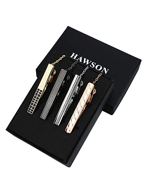 HAWSON 4 pcs Tie Clips Set for Men Necktie 2 inch Tie Bar Clip with Chain - Business Wedding Accessories