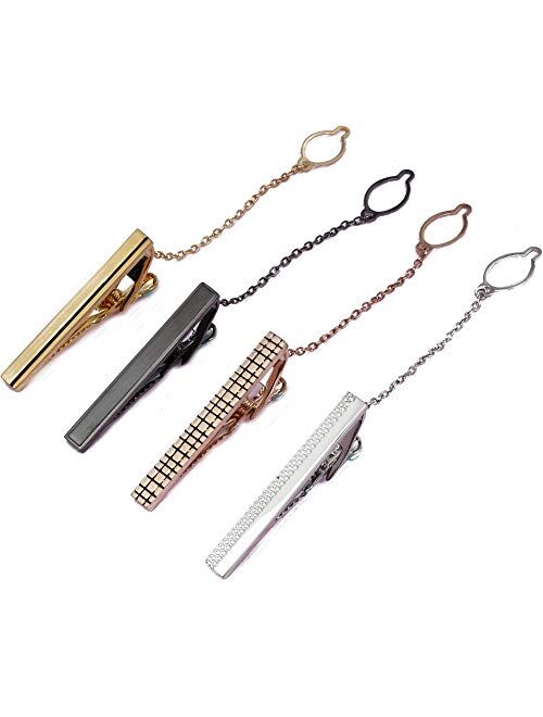 HAWSON 4 pcs Tie Clips Set for Men Necktie 2 inch Tie Bar Clip with Chain - Business Wedding Accessories