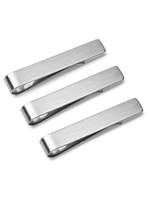 3 Pc Set Tie Bar Clip Wedding Party Collection 1.9" Brushed Silver Finish Gift-Boxed