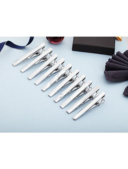 AnotherKiss Tie Clip Set of Men Classic Jewelry Gift, 10 Pcs of Silver Tone, 2.3 Inches