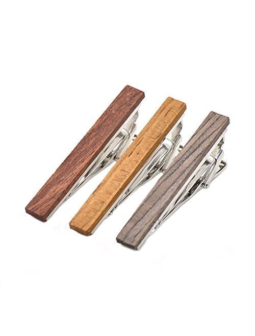 MERIT OCEAN Smart Men's Wood Tie Clips for Men 3 pcs Natural Tie Bar 2.1 Inch in Gift Box