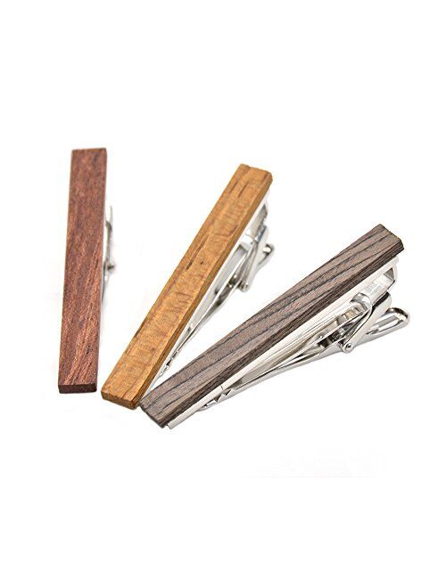 MERIT OCEAN Smart Men's Wood Tie Clips for Men 3 pcs Natural Tie Bar 2.1 Inch in Gift Box