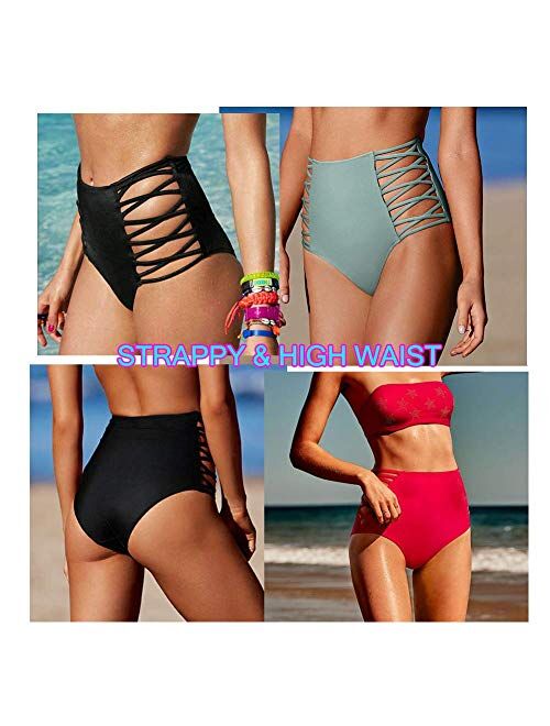 COLO Women Sexy Bikini Bottoms Lace Strappy Sides High Waisted Retro Bathing Suit Underwear Swimsuit