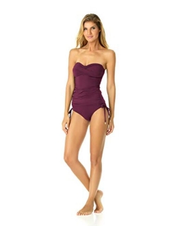 Women's Solid Twist Front Shirred Bandeau Tankini Swim Top