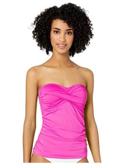 Women's Solid Twist Front Shirred Bandeau Tankini Swim Top