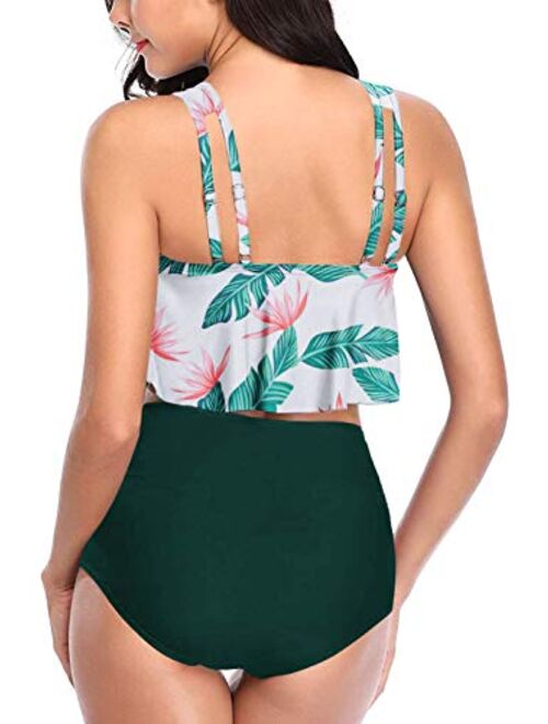 Aixy Women High Waisted Swimsuits Tummy Control Two Piece Tankini Ruffled Top with Swim Bottom Bathing Suits