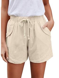 Womens Casual Drawstring Elastic Waist Comfy Cotton Linen Shorts