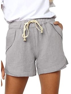 Womens Casual Drawstring Elastic Waist Comfy Cotton Linen Shorts