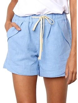 Womens Casual Drawstring Elastic Waist Comfy Cotton Linen Shorts