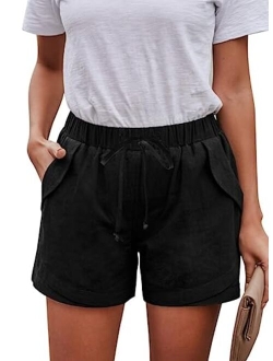 Womens Casual Drawstring Elastic Waist Comfy Cotton Linen Shorts