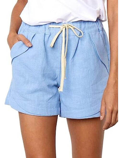 Dokotoo Womens Casual Drawstring Elastic Waist Comfy Cotton Linen Shorts