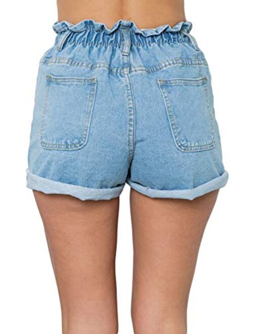 Selowin Womens High Waisted Pleated Ripped Pockets Folded Hem Denim Jeans Shorts