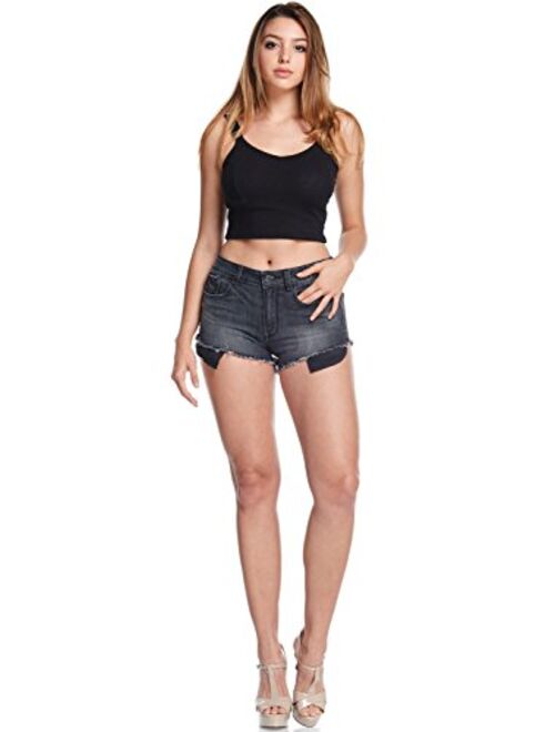 TwiinSisters Women's High Waist Frayed Hem Denim Long Pocket Shorts Regular and Plus Size