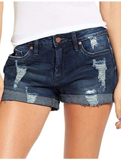 GRAPENT Women's High Waist Jean Short Casual Ripped Folded Hem Denim Jeans Shorts