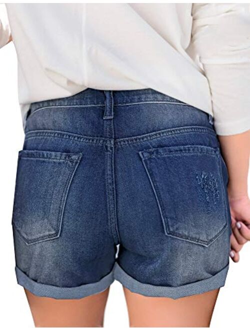 GRAPENT Women's High Waist Jean Short Casual Ripped Folded Hem Denim Jeans Shorts