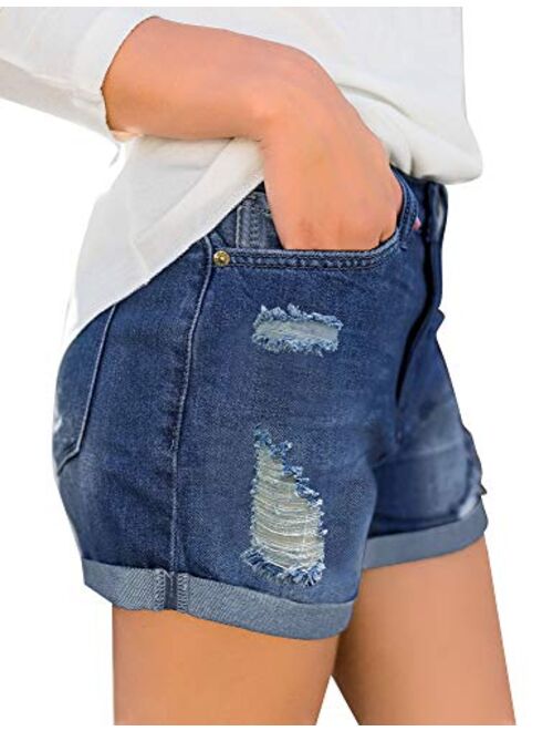 GRAPENT Women's High Waist Jean Short Casual Ripped Folded Hem Denim Jeans Shorts