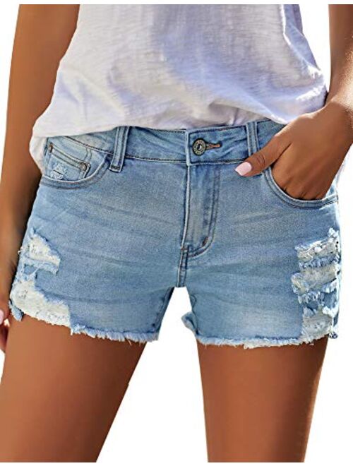 GRAPENT Women's High Waist Jean Short Casual Ripped Folded Hem Denim Jeans Shorts