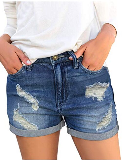 GRAPENT Women's High Waist Jean Short Casual Ripped Folded Hem Denim Jeans Shorts