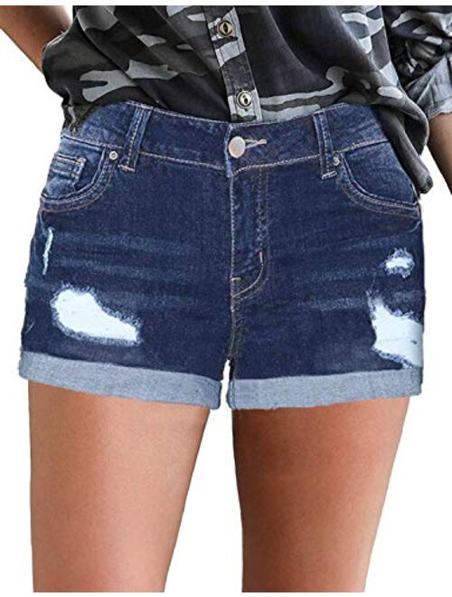 Women Denim Hot Shorts Casual Summer Mid Waist Short Pants Frayed Raw Hem Ripped Denim Jean with Pockets