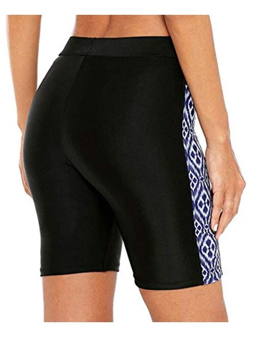 ATTRACO Women's Long Board Shorts High Waist Swim Bottom Solid Jammer Swim Shorts