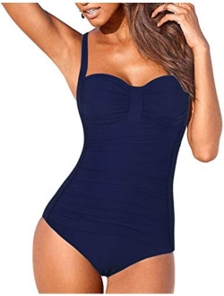 Mycoco Women's Shirred One Piece Swimsuit Tank Bathing Suits Tummy Control Monokinis