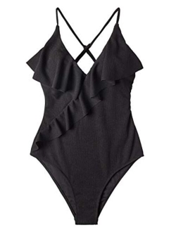 Women's Happy Ending Solid One-Piece Swimsuit Beach Swimwear Bathing Suit