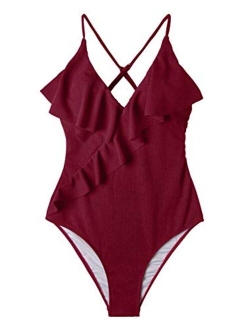 Women's Happy Ending Solid One-Piece Swimsuit Beach Swimwear Bathing Suit