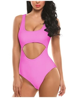 Womens One Piece Swimsuits Monokini Swimwear with Wire Free Padded Bra Hollow Out Bathing Suits