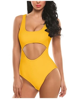 Womens One Piece Swimsuits Monokini Swimwear with Wire Free Padded Bra Hollow Out Bathing Suits