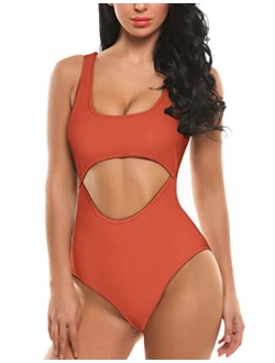 Womens One Piece Swimsuits Monokini Swimwear with Wire Free Padded Bra Hollow Out Bathing Suits