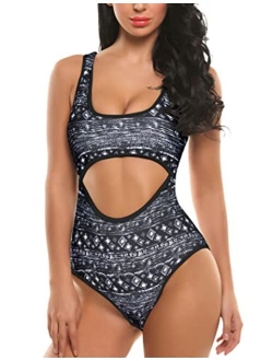 Womens One Piece Swimsuits Monokini Swimwear with Wire Free Padded Bra Hollow Out Bathing Suits