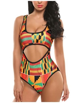 Womens One Piece Swimsuits Monokini Swimwear with Wire Free Padded Bra Hollow Out Bathing Suits