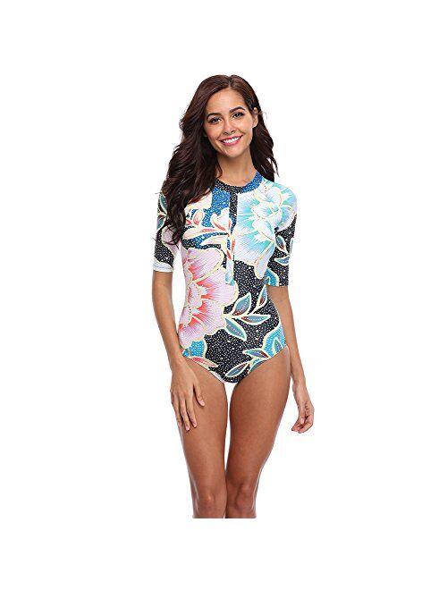 Lynddora Women's Floral One Piece Rash Guard Swimsuit Sun Protection