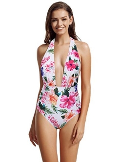 zeraca Women's Deep Plunge High Waisted One Piece Swimsuit Bathing Suit