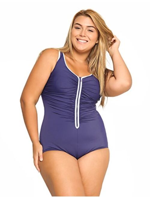 DELIMIRA Women's Built-in Cup Plus Size Swimsuits One Piece Zip Front Bathing Suits