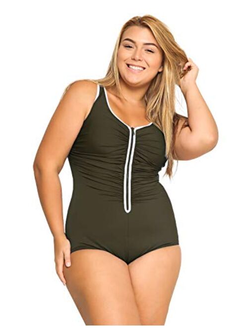 DELIMIRA Women's Built-in Cup Plus Size Swimsuits One Piece Zip Front Bathing Suits