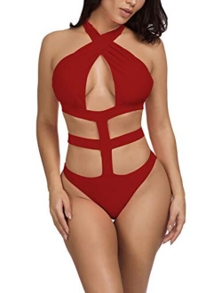 Viottiset Women's Sexy Bandage Criss Cross One Piece Cutout Halter Monokini Swimsuit Bathing Suit Swimwear