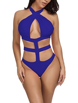 Viottiset Women's Sexy Bandage Criss Cross One Piece Cutout Halter Monokini Swimsuit Bathing Suit Swimwear