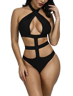 Viottiset Women's Sexy Bandage Criss Cross One Piece Cutout Halter Monokini Swimsuit Bathing Suit Swimwear